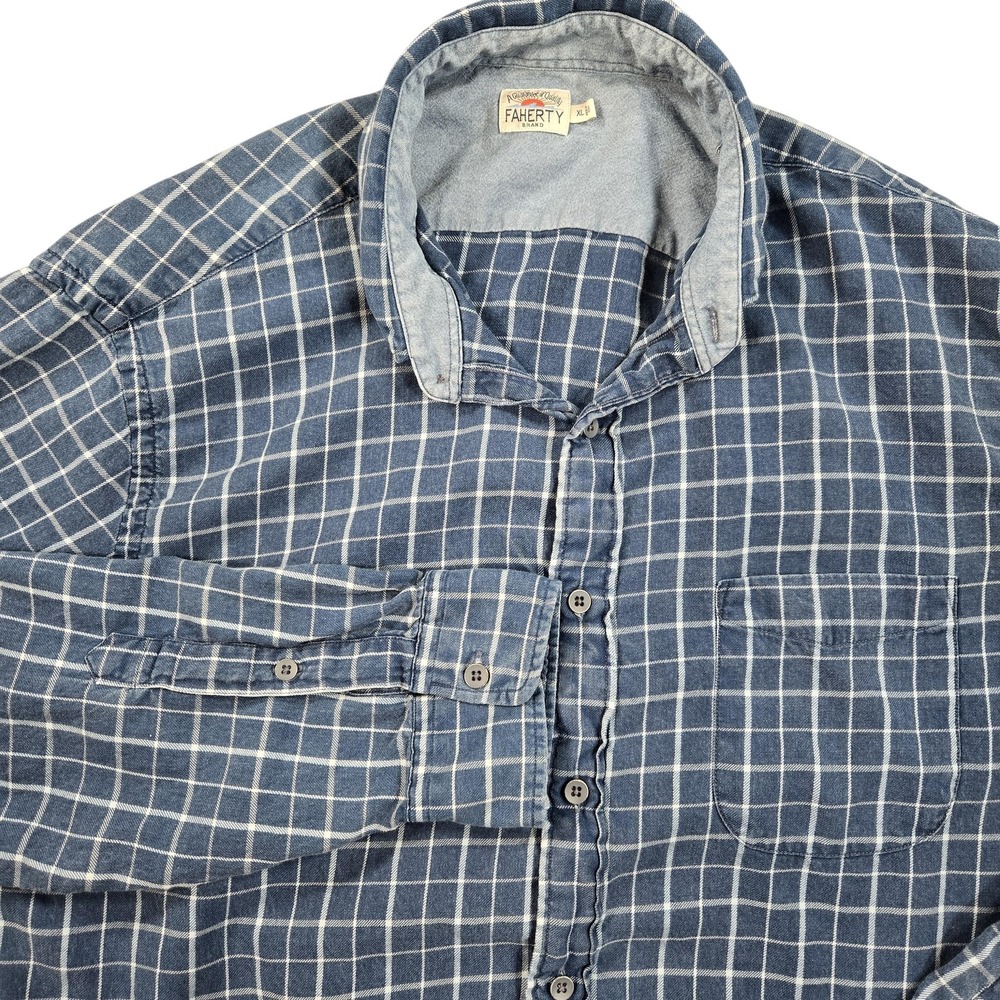 Faherty Shirt Mens‎ XL Blue Check Organic Cotton Flannel Button Front Casual